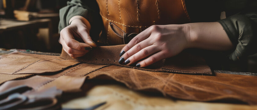 Artisanal precision at work, skilled hands craft leather with care, showcasing the timeless art of leatherworking