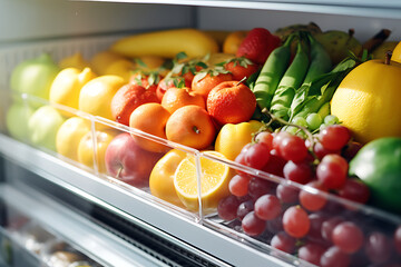 Fruits on shelf in supermarket, closeup. Healthy food concept