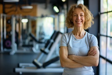 Obraz premium Smiling senior woman with arms crossed in a gym
