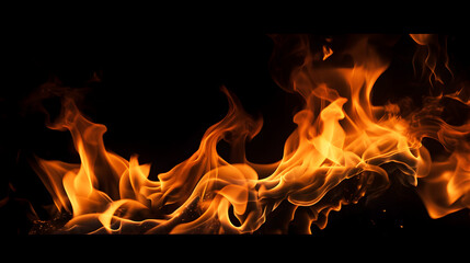Fototapeta na wymiar Panoramic view of fire flames isolated on black background ,, Background of warm flames glowing and dancing in darkness for industry topics in 4K slow motion Free Video