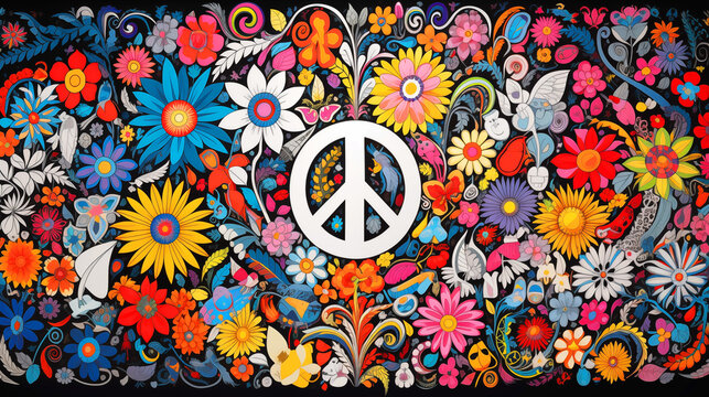 Peace, pacifism sign with colorful flowers and leaves. Antiwar watercolor illustration with no war floral symbol