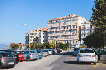 Corfu street view, Kerkyra old town beautiful cityscape, Ionian sea Islands, Greece, a summer sunny day, pedestrian streets with shops and cafes, architecture of historic center, travel to Greece