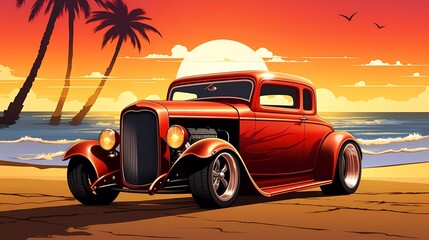 Classic Muscle Hot Rod Car on the Beach Vector Art Illustration. generative ai