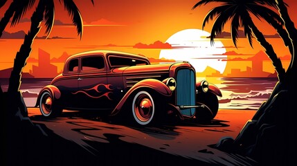 Classic Muscle Hot Rod Car on the Beach Vector Art Illustration. generative ai - obrazy, fototapety, plakaty