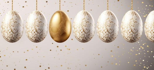 Easter background with Gold and White Easter Eggs with glitter hanging on strings on a light background. Easter Banner, copy space