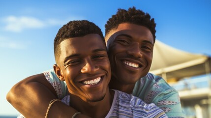 Fototapeta premium Close-up portrait of a happy young African-American gay couple on vacation at sea against a blue sky background.
