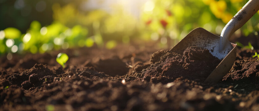 Gardening at dawn, a shovel turns the soil, symbolizing growth and the nurturing care in cultivating life