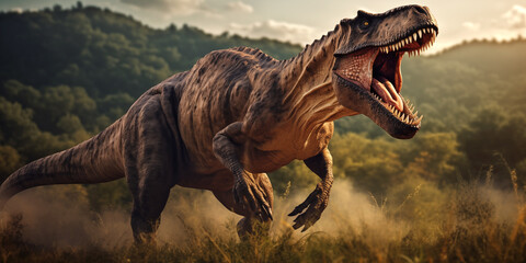 Threatening dinosaur screams while standing near forest. Ancient dangerous animals. Jurassic dinosaur in aggressive pose - obrazy, fototapety, plakaty