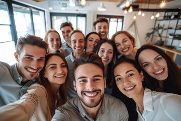 Fototapeta premium Positive energy of a team-building session in the office, with smiling professionals taking a group selfie, emphasizing the importance of happiness and unity in the workplace
