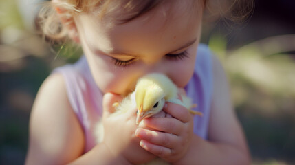 Close-up of a young toddler holding a baby chick in the springtime