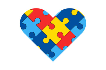 Puzzle heart isolated vector illustration. World Autism Awareness Day concept. Blu, red, yellow.