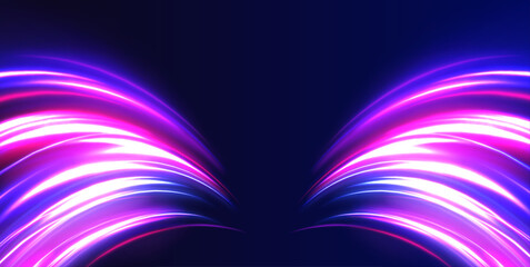 Image of speed motion on the road. Abstract background in blue and purple neon glow colors. Speed of light in galaxy. Panoramic high speed technology concept, light abstract background. Vector.	