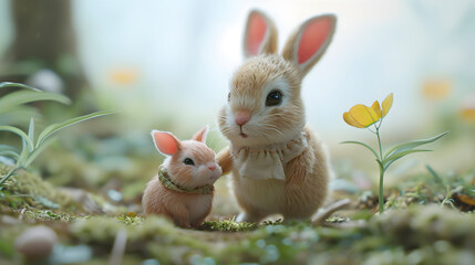 Miniature bunny and piglet