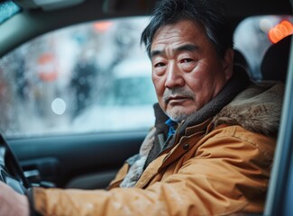 Portrait of an elderly Asian man sitting in a car in the city