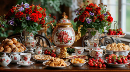 Elegant High Tea Set up with Floral Porcelain and Fresh Pastries