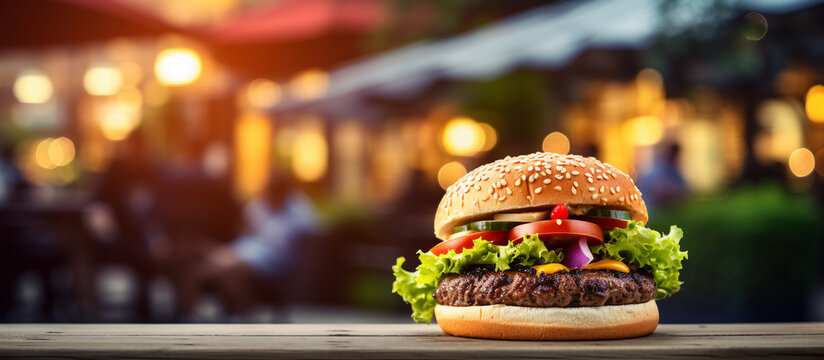 Gourmet classic cheeseburger with lettuce, tomato, and cheese, presented on a wooden table against a bokeh light background copy space banner.