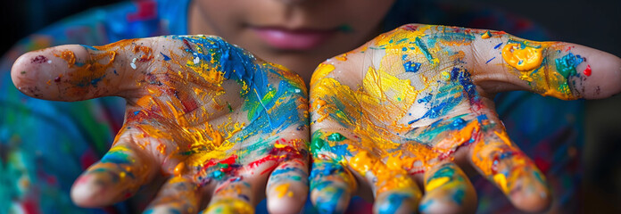 A portrait photo of an artist with paint-splattered hands, showcasing their creative and expressive personality. 