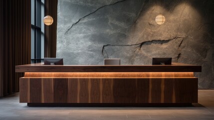 Japanese hotel design, reception desk, wood