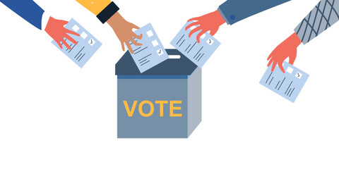 people hand putting voting paper in the ballot box Vote ballot box. Group of people putting paper vote into the box. Election concept. Democracy, Freedom of speech, justice voting and opinion.