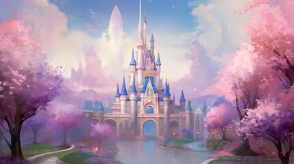 Illustration of a beautiful fantasy castle on a background of a spring landscape