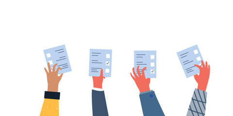 people hand putting voting paper in the ballot box Vote ballot box. Group of people putting paper vote into the box. Election concept. Democracy, Freedom of speech, justice voting and opinion.