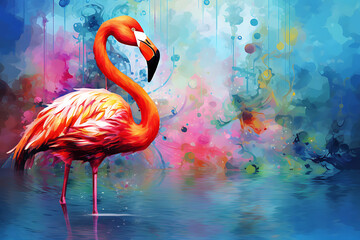 Pink flamingo in the water. Illustration of a flamingo.