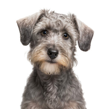 Close up portrait of a cute schnoodle dog puppy, isolated on white background