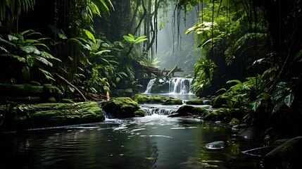 Panorama of a waterfall in the rainforest of Borneo. - obrazy, fototapety, plakaty