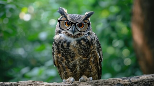 Full body owl wearing eyeglasses, standing on the branch in the wood