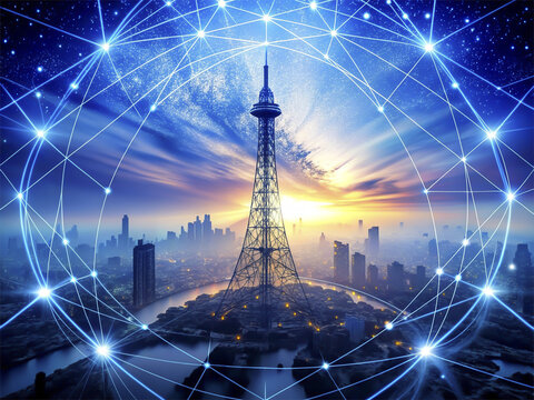 Futuristic city and network of internet communication concept, abstract background