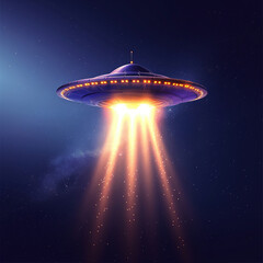 Fototapeta na wymiar Mysterious Ufo with Light Beams over Landscape at Dusk