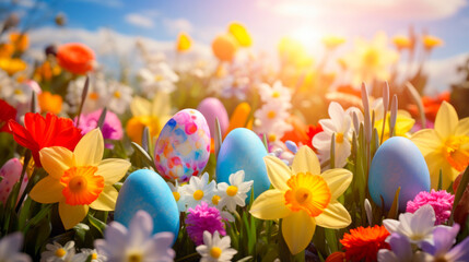 Easter Pho with Colorful Easter eggs among blooming spring flowers under the rays of the sun. Easter celebration, family activities, natural beauty, children's joy, home decoration