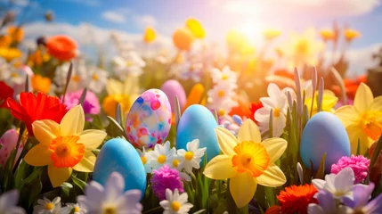 Foto op Plexiglas Easter Pho with Colorful Easter eggs among blooming spring flowers under the rays of the sun. Easter celebration, family activities, natural beauty, children's joy, home decoration © stateronz
