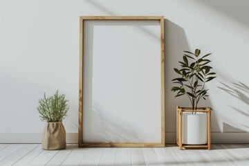 An empty wooden poster frame in the floor against a white wall. Pots with plants. Modern minimalist mock up