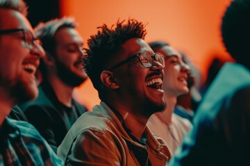 Close-up of a group reacting with laughter and happiness during a startup business session, highlighting the dynamic and enjoyable atmosphere in the audience - obrazy, fototapety, plakaty