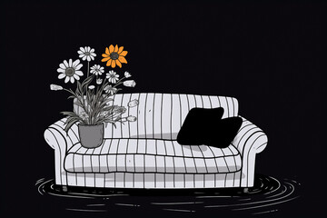 Black and white illustration with a touch of color of striped cosmic sofa with flowers on dark background with moon and stars.