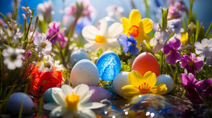 Bright Easter eggs among flowers of daffodils and tulips on delicate background. Easter decor, spring holidays. Family traditions
