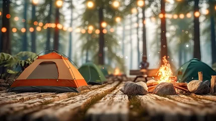  a wooden table has camping tents, campfire, and tents on a campfire background, © Planetz