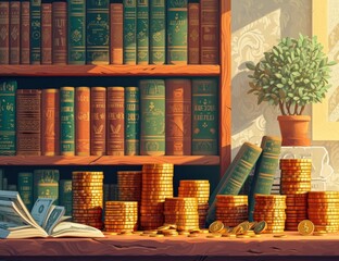 tax pile of money, coins and books on wooden