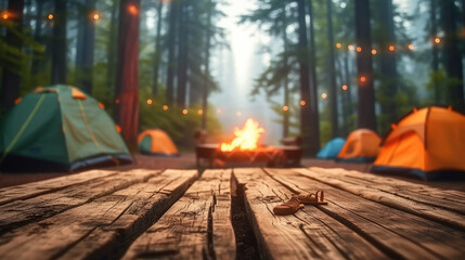 a wooden table has camping tents, campfire, and tents on a campfire background,