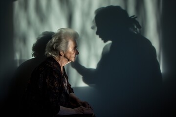 Shadows on the wall representing the looming and authority presence of the caregiver nurse, senior woman's posture suggesting fear.