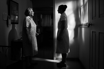 Shadows on the wall representing the looming and authority presence of the caregiver nurse, senior woman's posture suggesting fear.