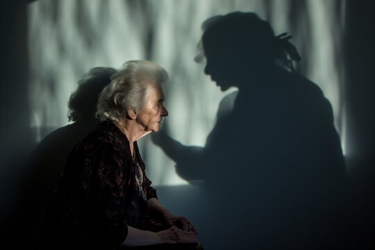 Shadows on the wall representing the looming and authority presence of the caregiver nurse, senior woman's posture suggesting fear.