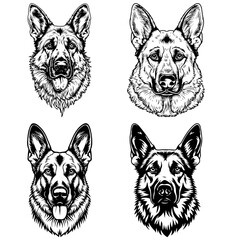 German Shepherd dog face set SVG file for cutting and sublimation, black and white dog template for laser cutting, Cricut and Silhouette Cameo, line art - obrazy, fototapety, plakaty