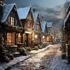 A beautiful shot of a winter street with snow covered houses in the background