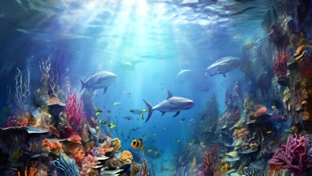 realistic 3d illustration of fish in the sea. seamless looping visual video animation background