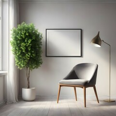Mockup for poster in living room with gray chair and plant. Copyspace in frame for the poster.	