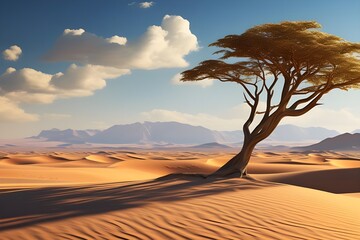 Fototapeta na wymiar desert-landscape-with-a-solitary-tree-standing-tall-amidst-a-sea-of-golden-sand-dunes