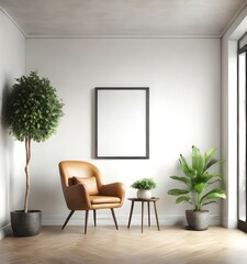 Mockup for poster in living room with ginger chair and plant. Copyspace in frame for the poster.
