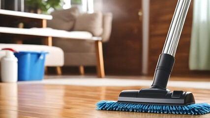 Mop cleaning floor on blurred house background with copyspace. Cleaning service. Items for cleaning
